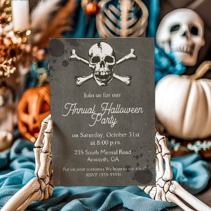 Invitación Fiesta de Halloween Grunge de Calavera y Huesos Cr