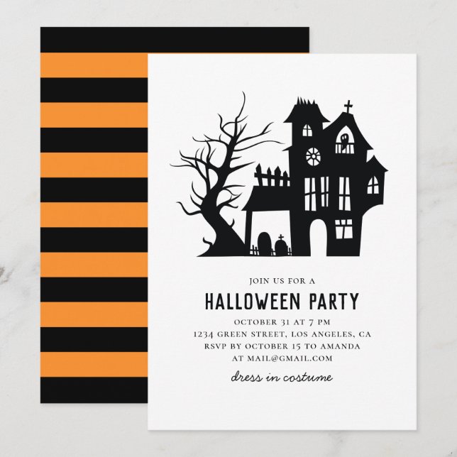 Invitación Fiesta de Halloween. Hogar blanco y negro espeluzn (Anverso / Reverso)