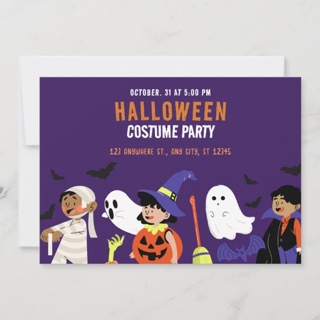 Invitación Fiesta de Halloween ilustrativa Purple Naranja (Anverso)
