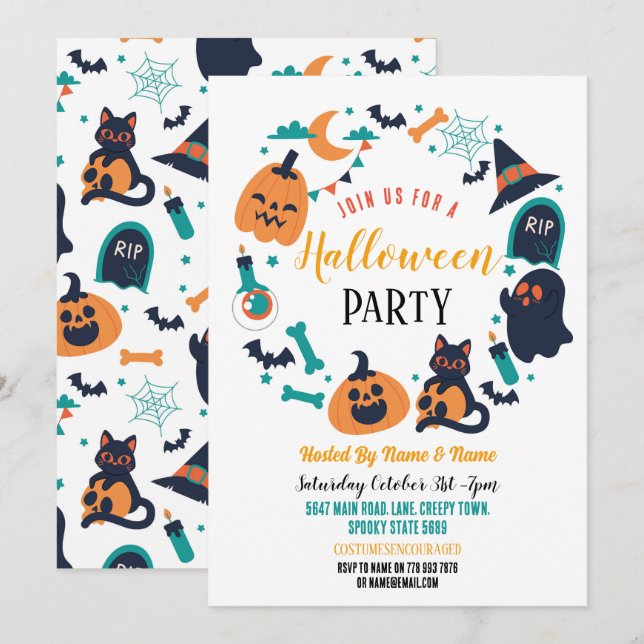 Invitación Fiesta de Halloween invita a calabazas fantasmas (Anverso / Reverso)