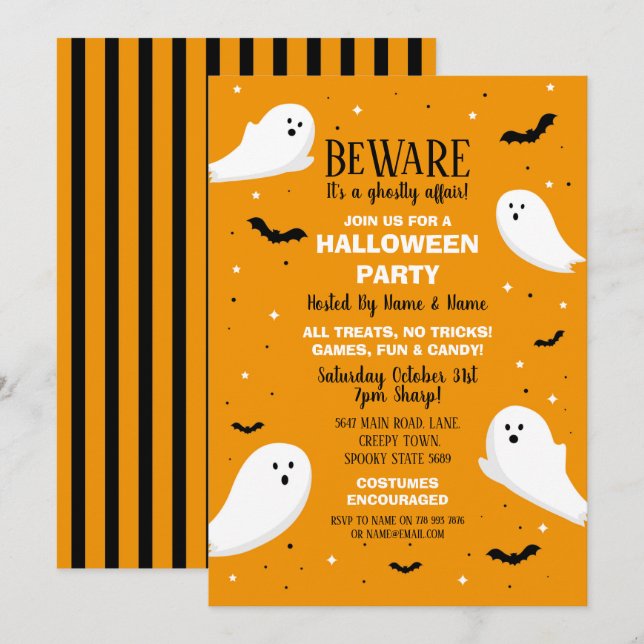 Invitación Fiesta de Halloween invita a los fantasmas Naranja (Anverso / Reverso)