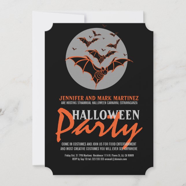 Invitación Fiesta de Halloween invita a murciélagos negros y  (Anverso)