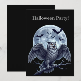 Invitación Fiesta de Halloween Luna Gris Búho y Murciélagos