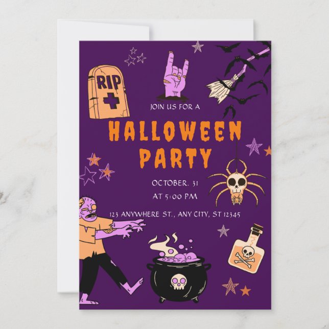 Invitación Fiesta de Halloween malva y Naranja (Anverso)