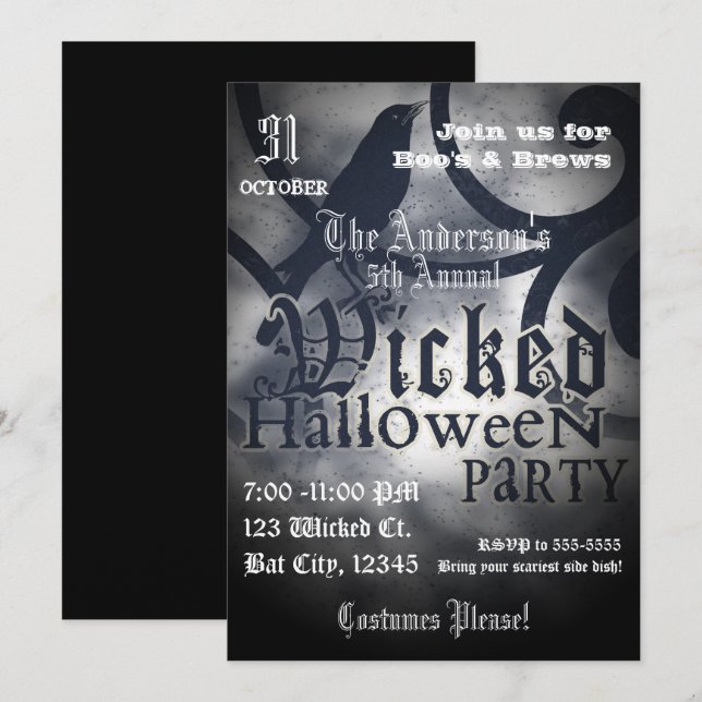 Invitación Fiesta de Halloween Malvada Cuervo Pájaro Negro (Anverso / Reverso)