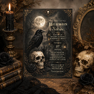 Invitación Fiesta de Halloween Mansión de Cráneo de Cuervo Gó