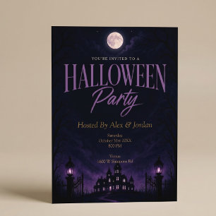 Invitación Fiesta de Halloween Mansión Embrujada Gótica Púrpu