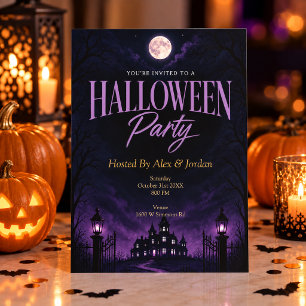 Invitación Fiesta de Halloween Mansión Embrujada Gótica Púrpu