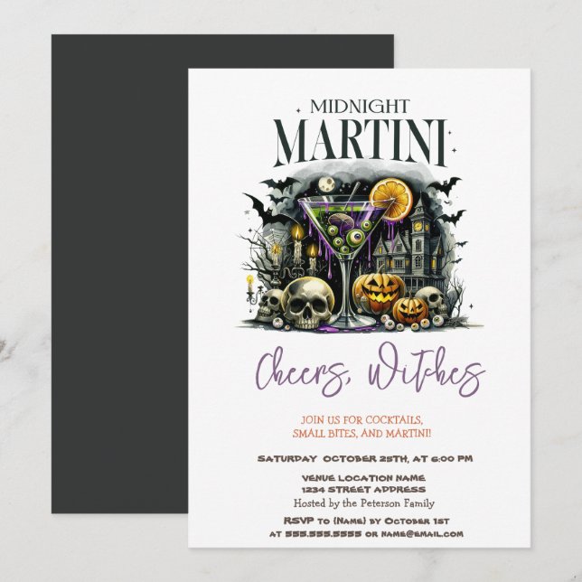 Invitación Fiesta de Halloween Martini Esqueleto de Calabaza (Anverso / Reverso)