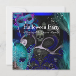Invitación Fiesta de Halloween Máscaras Azules y Turquesas Fi