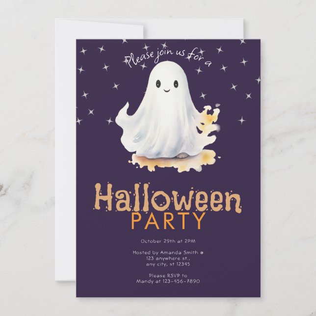 Invitación Fiesta de Halloween Morada con Fantasma Lindo y Es (Anverso)