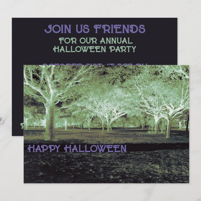 Invitación Fiesta de Halloween Morada y Verde Bosques Espeluz (Anverso / Reverso)