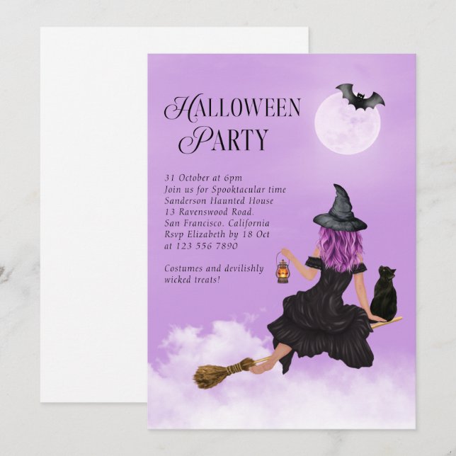 Invitación Fiesta de Halloween morado de bruja voladora (Anverso / Reverso)
