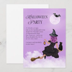 Invitación Fiesta de Halloween morado de bruja voladora