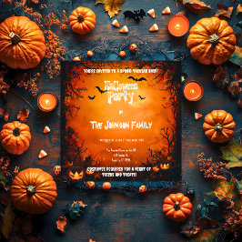 Invitación Fiesta de Halloween naranja con calabazas y murcié