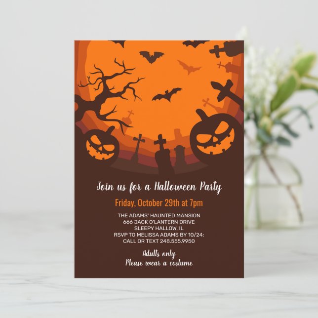 Invitación Fiesta de Halloween Naranja Negro Murciélagos Tumb (Anverso de pie)