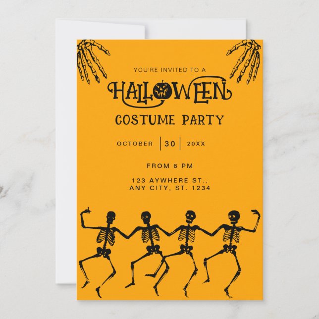 Invitación Fiesta de Halloween naranja y negro del esqueleto  (Anverso)