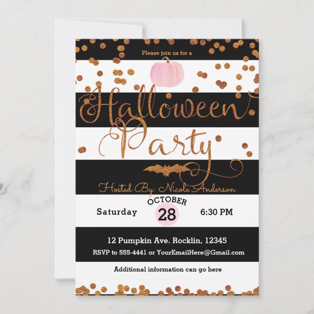 Invitación Fiesta de Halloween Negra Blanca Rosa Naranja Chic (Anverso)