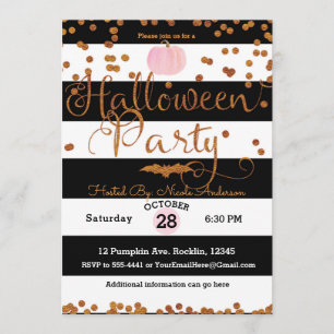 Invitación Fiesta de Halloween Negra Blanca Rosa Naranja Chic