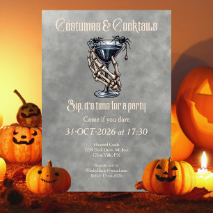 Invitación Fiesta de Halloween Negra con Cócteles y Disfraces