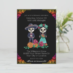 Invitación Fiesta de Halloween Negra con Esqueletos del Día d