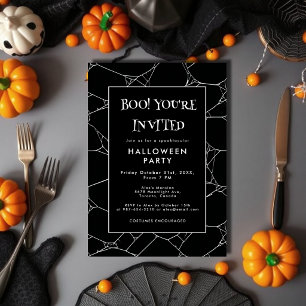 Invitación Fiesta de Halloween Negra y Blanca de Telaraña Esp