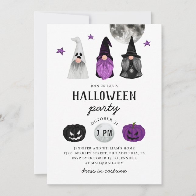 Invitación Fiesta de Halloween negro y morado. Gnomes y calab (Anverso)