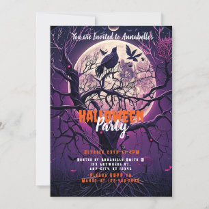 Invitación Fiesta de Halloween Noche Morada Luna Llena Árbol