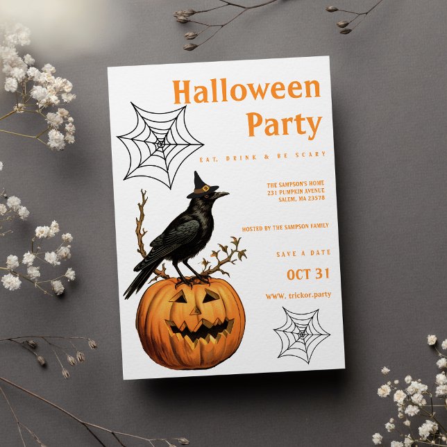 Invitación Fiesta de Halloween, pájaro negro naranja (Orange black bird jack lantern halloween Party)