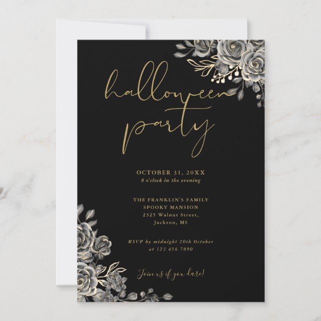 Invitación Fiesta de Halloween para Adultos Florales Negros Y (Anverso)