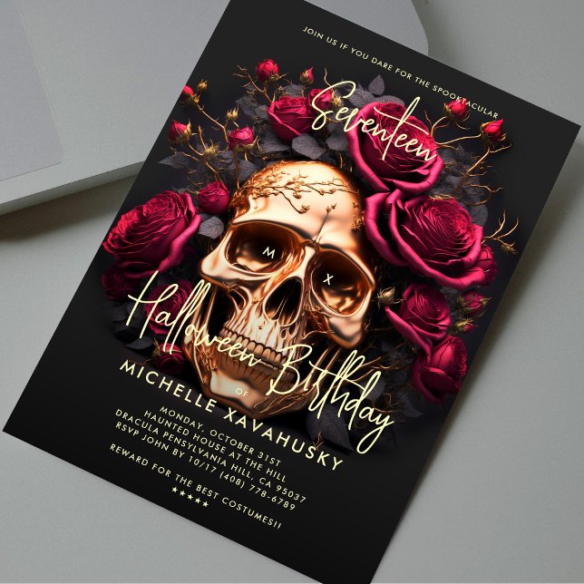 Invitación Fiesta de Halloween para Adultos Roses Rojos de Bl (Adult Halloween Party Birthday Gothic Black Gold Skull Red Roses Invitation
)
