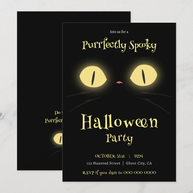 Invitación Fiesta de Halloween para los amantes de un gato ve (Anverso / Reverso)