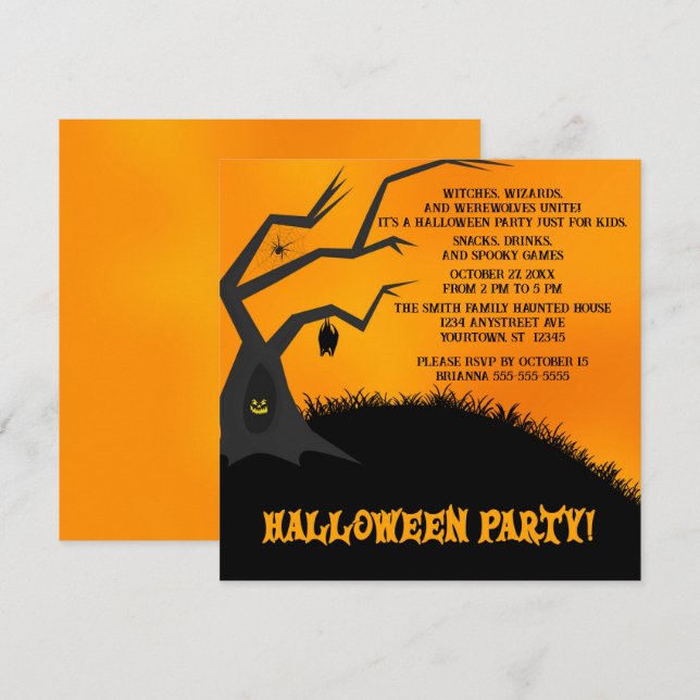 Invitación Fiesta de Halloween para niños con árboles fantasm (Anverso / Reverso)