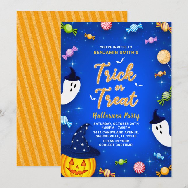 Invitación Fiesta de Halloween para niños con truco azul o tr (Anverso / Reverso)