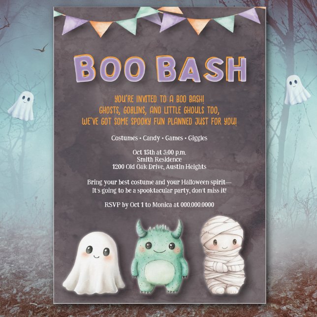 Invitación Fiesta de Halloween para niños divertidos (Fun Boo Bash kids Halloween invite with cute ghost, mummy & monster in playful watercolor style.)