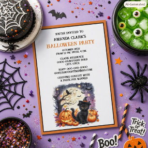 Invitación Fiesta de Halloween para niños Gato negro lindo Ca