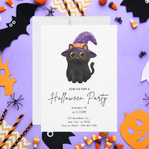 Invitación Fiesta de Halloween para un gato negro lindo