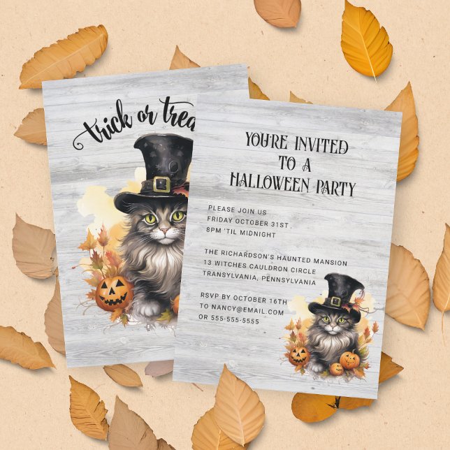 Invitación Fiesta de Halloween personalizada vintage con gato (Front and Back View)