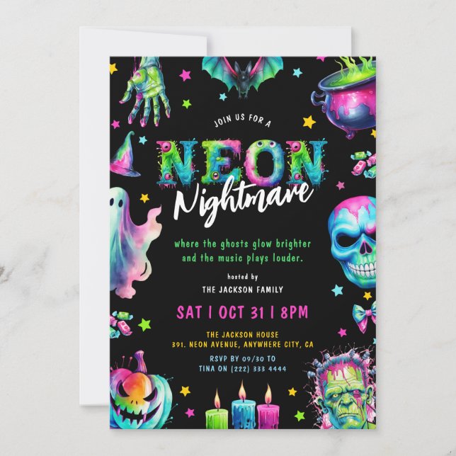 Invitación Fiesta de Halloween Pesadilla de Neón (Anverso)