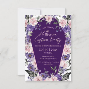 Invitación Fiesta de Halloween púrpura ataúd floral gótico