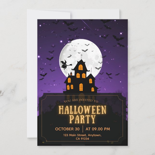 Invitación Fiesta de Halloween púrpura y Naranja (Anverso)