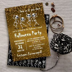 Invitación Fiesta de Halloween, Purpurina de oro del esquelet