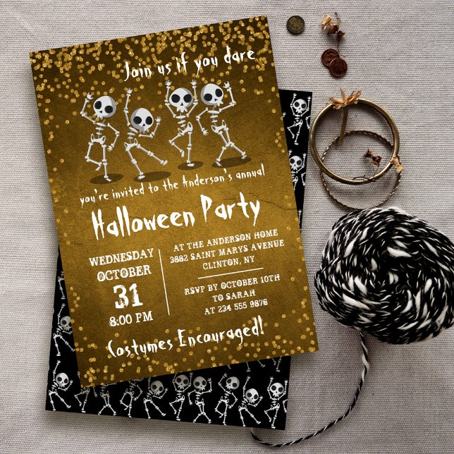 Invitación Fiesta de Halloween, Purpurina de oro del esquelet (Subido por el creador)