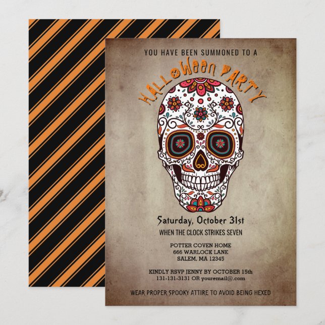 Invitación Fiesta de Halloween resalta el Día de los Muertos  (Anverso / Reverso)