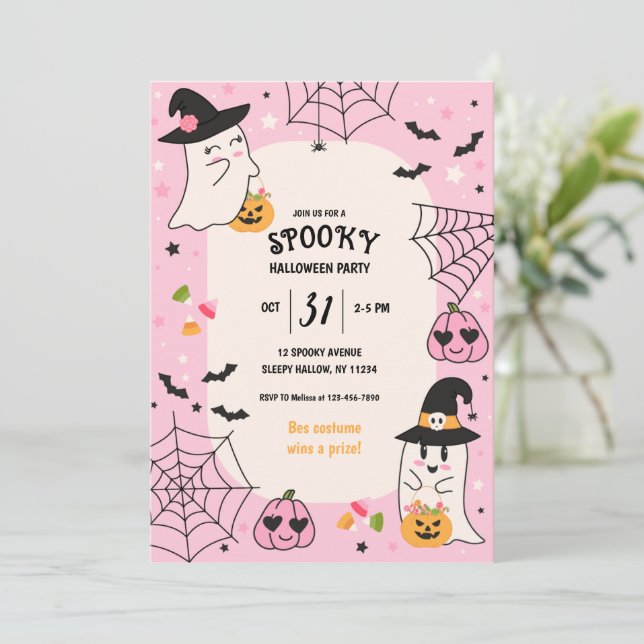 Invitación Fiesta de Halloween Retro Rosa (Anverso de pie)