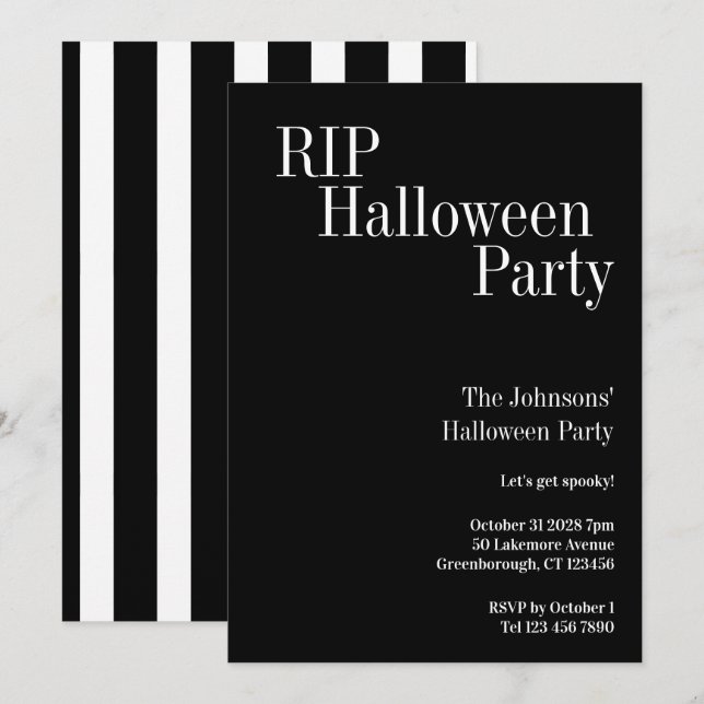Invitación Fiesta de Halloween RIP con franja negra y blanca (Anverso / Reverso)