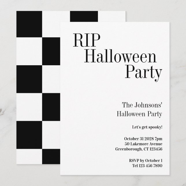 Invitación Fiesta de Halloween RIP de cuadros negros y blanco (Anverso / Reverso)