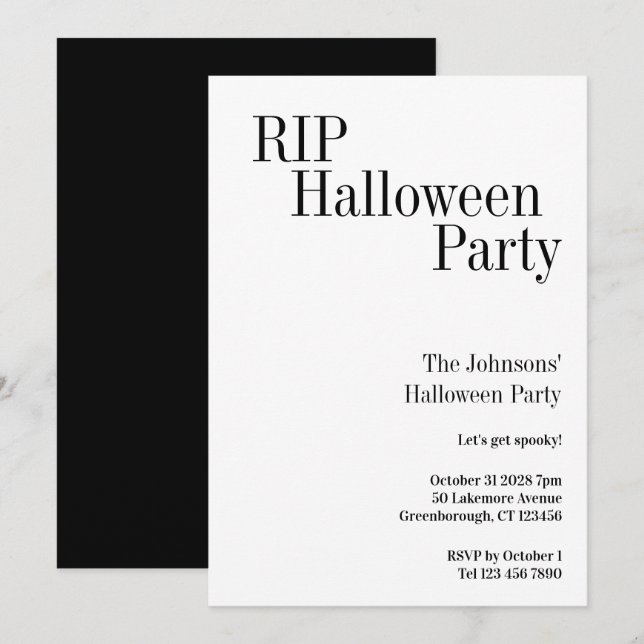 Invitación Fiesta de Halloween RIP Negro y Blanco (Anverso / Reverso)