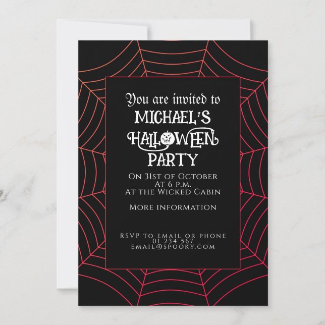 Invitación Fiesta de Halloween rojo negro de la telaraña (Anverso)
