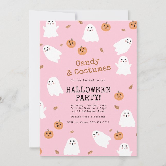 Invitación Fiesta de Halloween Rosa de Fantasma y Calabaza (Anverso)